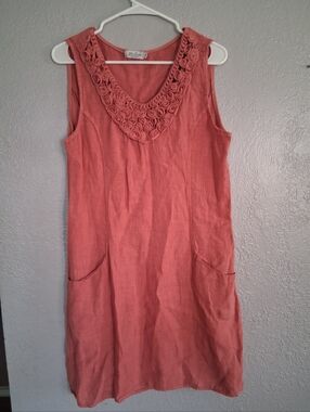 Blue Orchid 100% Linen Midi Pink Floral Dress Made In Italy L